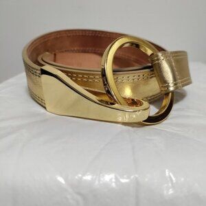 Koko & Palenki Gold Tone Buckle Metallic Leather Skinny Dress Belt Luxe Womens